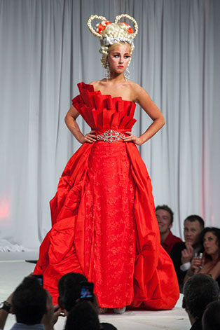 D'Lola Couture lace sheath dress with detachable taffeta train/bodice piece
