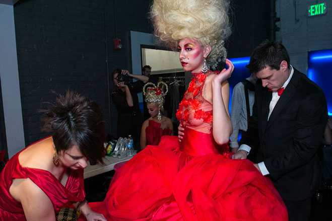 Deedee and Justin working on the finale gown for Red Ball 2012 backstage.

