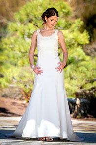 Slim fit silk satin A-line wedding gown with Alcon lace and straps